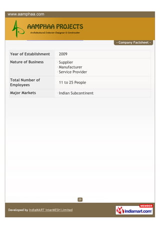 - Company Factsheet -


Year of Establishment   2009

Nature of Business      Supplier
                        Manufacturer
                        Service Provider

Total Number of
                        11 to 25 People
Employees

Major Markets           Indian Subcontinent
 
