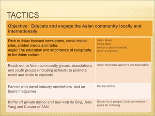 Objective: Educate and engage the Asian community locally and
internationally

Pitch to Asian focused newsletters, social media         Asian Week
                                                         China daily
sites, printed media and radio.                          weibo.cn (social media)
Angle: The education and importance of calligraphy       ICN (TV channel)
in the Asian culture

Reach out to Asian community groups, associations        Asian American Women’s Art Association
and youth groups (including schools) to promote
event and invite to contests


Partner with travel industry newsletters and on          Korean Airline
board magazines

Raffle off private dinner and tour with Xu Bing, Jerry   Dinner for 5 people. Enter via website –
                                                         perks for entering
Yang and Curator of AAM
                                                                                                    20
 