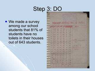 Step 3: DO We made a survey among our school students that 81% of students have no toilets in their houses out of 643 students.  