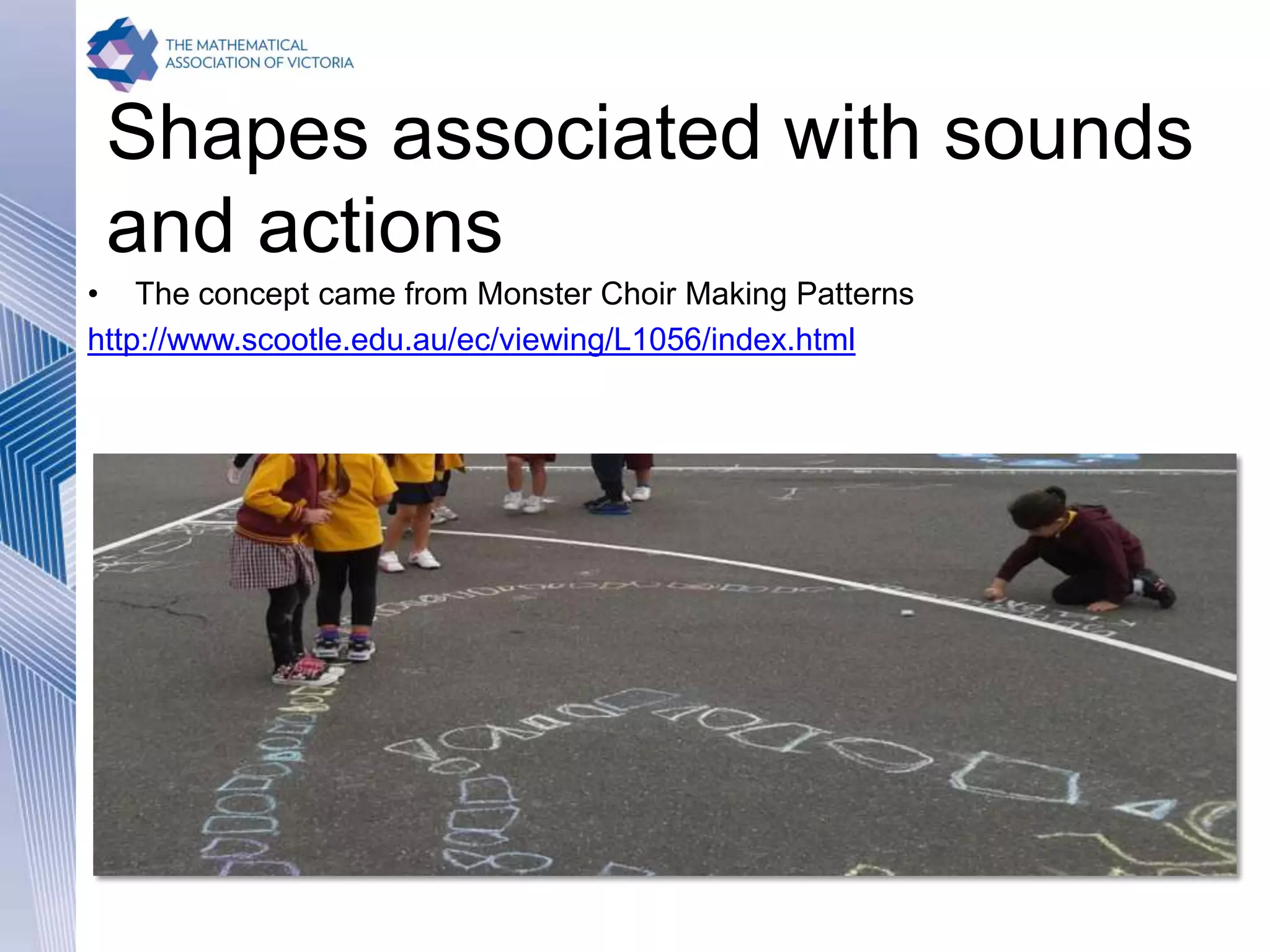 Shapes associated with sounds
and actions
• The concept came from Monster Choir Making Patterns
http://www.scootle.edu.au/ec/viewing/L1056/index.html
 