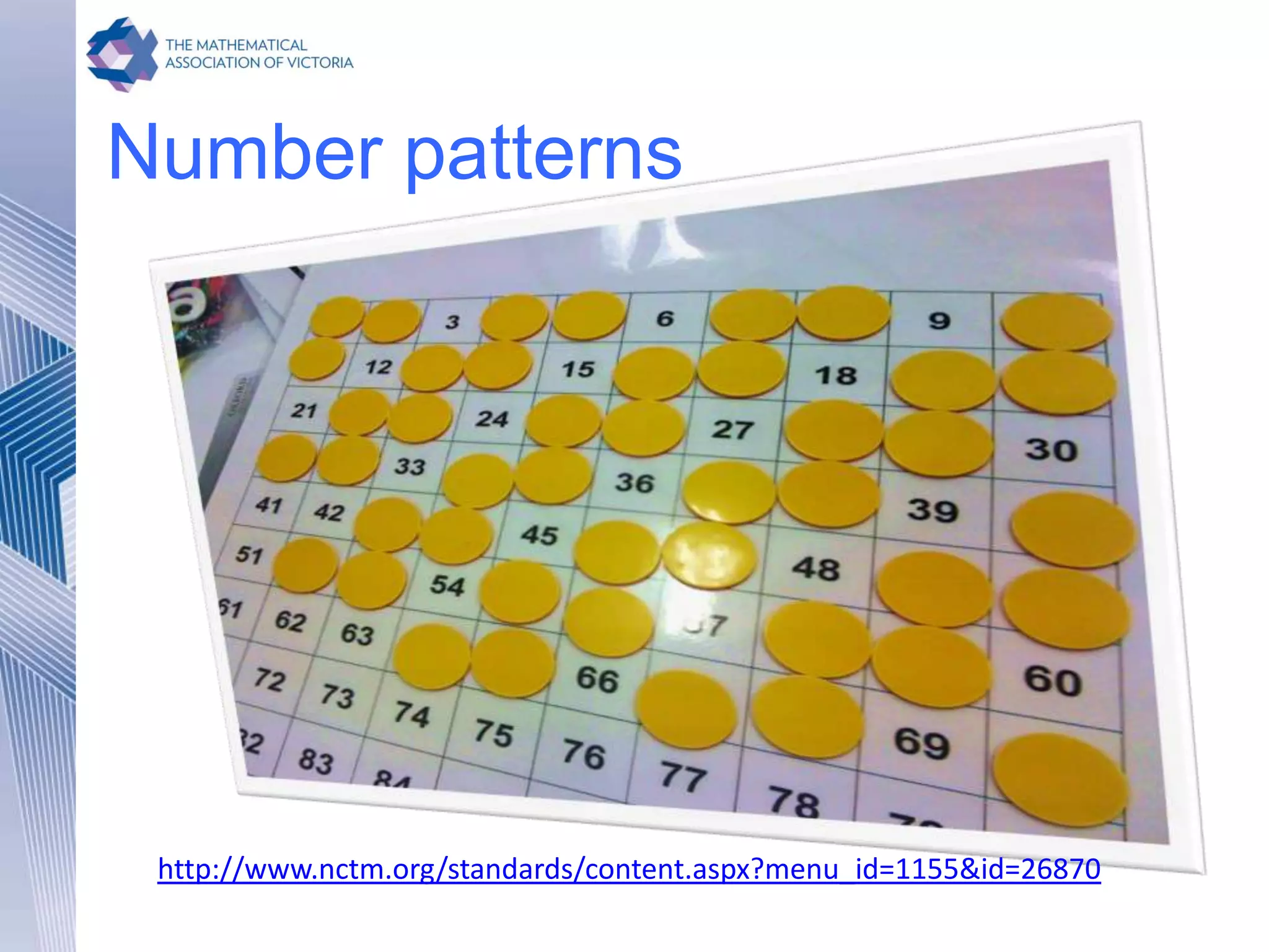 Number patterns
http://www.nctm.org/standards/content.aspx?menu_id=1155&id=26870
 