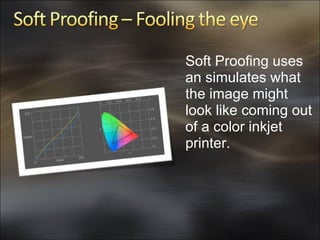 Soft Proofing uses an simulates what the image might look like coming out of a color inkjet printer. 