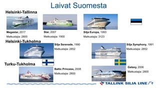 Silja Symphony, 1991
Matkustajia: 2852
Silja Serenade, 1990
Matkustajia: 2852
Star, 2007
Matkustajia: 1900
Galaxy, 2006
Matkustajia: 2800
Laivat Suomesta
Turku-Tukholma
Baltic Princess, 2008
Matkustajia: 2800
Helsinki-Tallinna
Helsinki-Tukholma
Turku-Tukholma
Silja Europa, 1993
Matkustajia: 3123
Megastar, 2017
Matkustajia: 2800
 