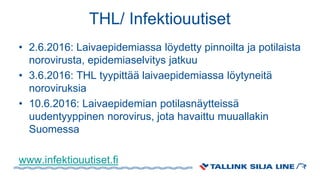 THL/ Infektiouutiset
• 2.6.2016: Laivaepidemiassa löydetty pinnoilta ja potilaista
norovirusta, epidemiaselvitys jatkuu
• 3.6.2016: THL tyypittää laivaepidemiassa löytyneitä
noroviruksia
• 10.6.2016: Laivaepidemian potilasnäytteissä
uudentyyppinen norovirus, jota havaittu muuallakin
Suomessa
www.infektiouutiset.fi
 