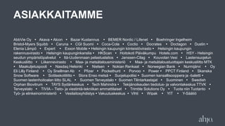 ASIAKKAITAMME
AbbVie Oy  Akava  Alcon  Bazar Kustannus  BEMER Nordic / Lifenet  Boehringer Ingelheim
Bristol-Myers Squibb  Caruna  CGI Suomi  Coca-Cola  Coctio  Docrates  Doctagon  Dustin 
Elenia Lämpö  Expert  Exxon Mobile  Helsingin kaupungin kiinteistövirasto  Helsingin kaupungin
rakennusvirasto  Helsingin kaupunginkanslia  HKScan  Hoitokoti Päiväkumpu Hotels.com  HSY - Helsingin
seudun ympäristöpalvelut  Itä-Uudenmaan pelastuslaitos  Janssen-Cilag  Kouvolan Vesi  Lastensuojelun
Keskusliitto  Liikennevirasto  Maa- ja metsätalousministeriö  Maa- ja metsätaloustuottajain keskusliitto MTK
 Maakuljetuspooli  Nasdaq Helsinki  Nielsen  Nokian Renkaat  Norwegian Bank  Nurmijärvi  Oy
Eli Lilly Finland  Oy Snellman Ab  Pfizer  Pockethunt  Porvoo  Power  PPCT Finland  Skanska
Snow Software  Sotilaskotiliitto  Stora Enso metsä  Suojelupoliisi  Suomen kansallisooppera ja -baletti 
Suomen lastenhoitoalan liitto SLAL  Suomen Terveystalo  Suomen Tilintarkastajat  Suominen  Swedish
Orphan Biovitrum  TAYS Sydänkeskus  Tech Mahindra  Tekijänoikeuden tiedotus- ja valvontakeskus TTVK 
Terveystalo  TIVIA – Tieto- ja viestintä-tekniikan ammattilaiset  Trimble Solutions Oy  Tuota niin Tuotanto 
Työ- ja elinkeinoministeriö  Vesilaitosyhdistys  Vakuutuskeskus  Vihti  Wipak  YIT  Y-Säätiö
 