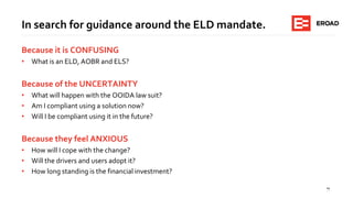 14
In search for guidance around the ELD mandate.
Because it is CONFUSING
• What is an ELD, AOBR and ELS?
Because of the UNCERTAINTY
• What will happen with the OOIDA law suit?
• Am I compliant using a solution now?
• Will I be compliant using it in the future?
Because they feel ANXIOUS
• How will I cope with the change?
• Will the drivers and users adopt it?
• How long standing is the financial investment?
 