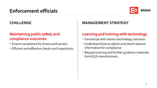 17
Enforcement officials
CHALLENGE
Maintaining public safety and
compliance outcomes
• Ensure compliance by drivers and carriers
• Efficient and effective checks and inspections.
MANAGEMENT STRATEGY
Learning and training with technology
• Familiarize with various technology solutions
• Understand how to obtain and check relevant
information for compliance
• Request training and further guidance materials
from ELD manufacturers.
 