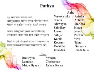 Pathya
Aahar
Vastuka saka Aristha
Sunthi Adhrak
Ajawayan Maricha
Saindhav Hingu
Lasun Jeerak
Sahijan Parwar
Karela Yava
Kodrum Takra
Kulathha Gomutra
Usnodak Eranda taila
Bihar
Rukshyan Swedan
Langhan Chakraman
Mridu Byayam Ushna Bastra
 