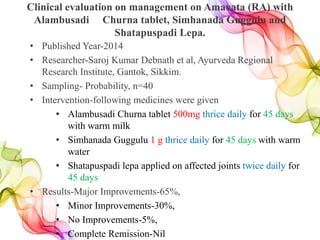 Clinical evaluation on management on Amavata (RA) with
Alambusadi Churna tablet, Simhanada Guggulu and
Shatapuspadi Lepa.
• Published Year-2014
• Researcher-Saroj Kumar Debnath et al, Ayurveda Regional
Research Institute, Gantok, Sikkim.
• Sampling- Probability, n=40
• Intervention-following medicines were given
• Alambusadi Churna tablet 500mg thrice daily for 45 days
with warm milk
• Simhanada Guggulu 1 g thrice daily for 45 days with warm
water
• Shatapuspadi lepa applied on affected joints twice daily for
45 days
• Results-Major Improvements-65%,
• Minor Improvements-30%,
• No Improvements-5%,
• Complete Remission-Nil
 