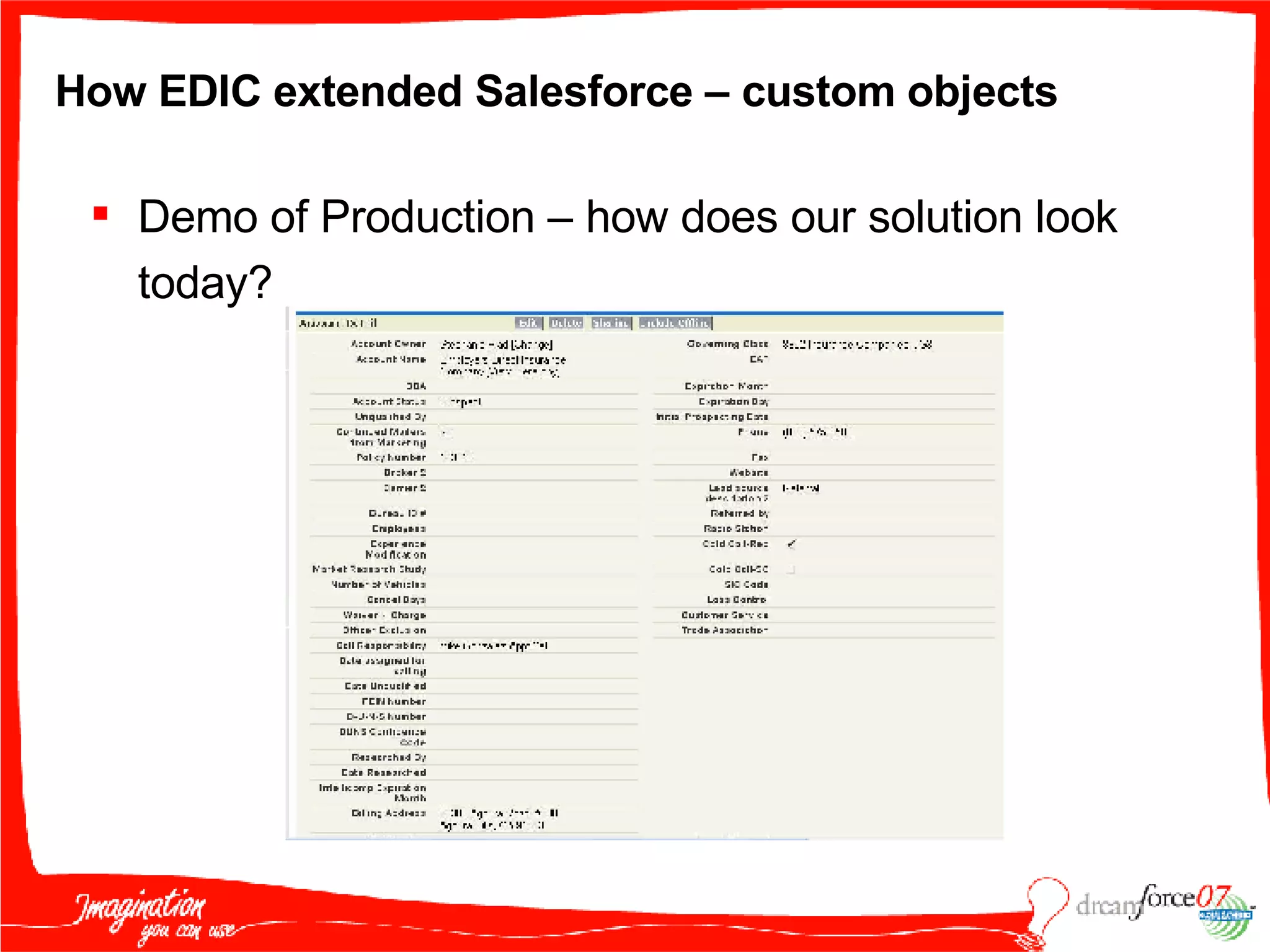 How EDIC extended Salesforce – custom objects Demo of Production – how does our solution look today?  