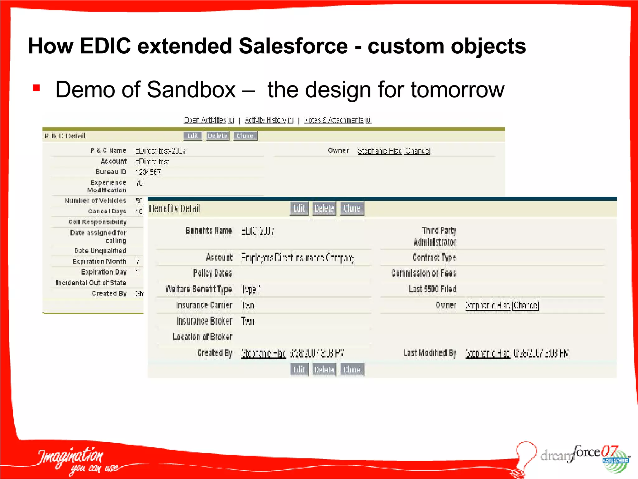 How EDIC extended Salesforce - custom objects Demo of Sandbox –  the design for tomorrow 
