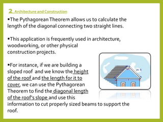 2. Architecture and Construction
The PythagoreanTheorem allows us to calculate the
length of the diagonal connecting two straight lines.
This application is frequently used in architecture,
woodworking, or other physical
construction projects.
For instance, if we are building a
sloped roof and we know the height
of the roof and the length for it to
cover, we can use the Pythagorean
Theorem to find the diagonal length
of the roof's slope and use this
information to cut properly sized beams to support the
roof.
 