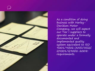 As a condition of doing
business with Harley-
Davidson Motor
Company, we will expect
our Tier I suppliers to
operate under a formally
documented and
implemented quality
system equivalent to ISO
9001/9002 (ANSI/ASQC
Q9001/Q9002-2008)
requirements.
 