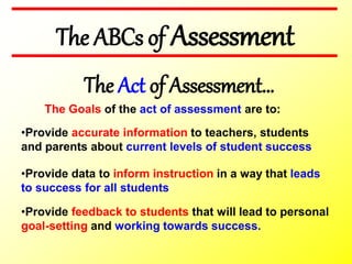 •Provide feedback to students that will lead to personal
goal-setting and working towards success.
The ABCs of Assessment
The Act of Assessment…
The Goals of the act of assessment are to:
•Provide accurate information to teachers, students
and parents about current levels of student success
•Provide data to inform instruction in a way that leads
to success for all students
 