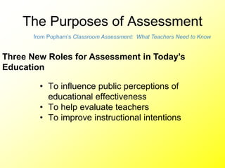 The Purposes of Assessment
• To influence public perceptions of
educational effectiveness
• To help evaluate teachers
• To improve instructional intentions
from Popham’s Classroom Assessment: What Teachers Need to Know
Three New Roles for Assessment in Today’s
Education
 