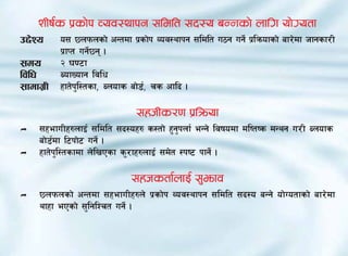 zLif{s k|sf]k Joj:yfkg ;ldlt ;b:o aGGfsf] nflu of]Uotf
p2]Zo     o; 5nkmnsf] cGtdf k|sf]k Joj:yfkg ;ldlt u7g ug]{ k|lqmofsf] af/]df hfgsf/L
          k|fKt ug]{5g .
;do       @ 306f
ljlw      AofVofg ljlw
;fdfu|L   xft]kl:tsf, Anofs af]8{, rs cflb .
               '

                              ;xhLs/0f k|lqmof
Ì   ;xefuLx?nfO{ ;ldlt ;b:ox? s:tf] x'g'knf{ eGg] ljifodf dlitis dGyg u/L Anofs
    af]8{df l6kf]6 ug]{ .
Ì   xft]k'l:tsfdf n]lvPsf s'/fx?nfO{ ;d]t :ki6 kfg]{ .

                             ;xhstf{nfO{ ;'emfj
Ì   5nkmnsf] cGtdf ;xefuLx?n] k|sf]k Joj:yfkg ;ldlt ;b:o aGg] of]Uotfsf] af/]df
    yfxf ePsf] ;'lglZrt ug]{ .
 