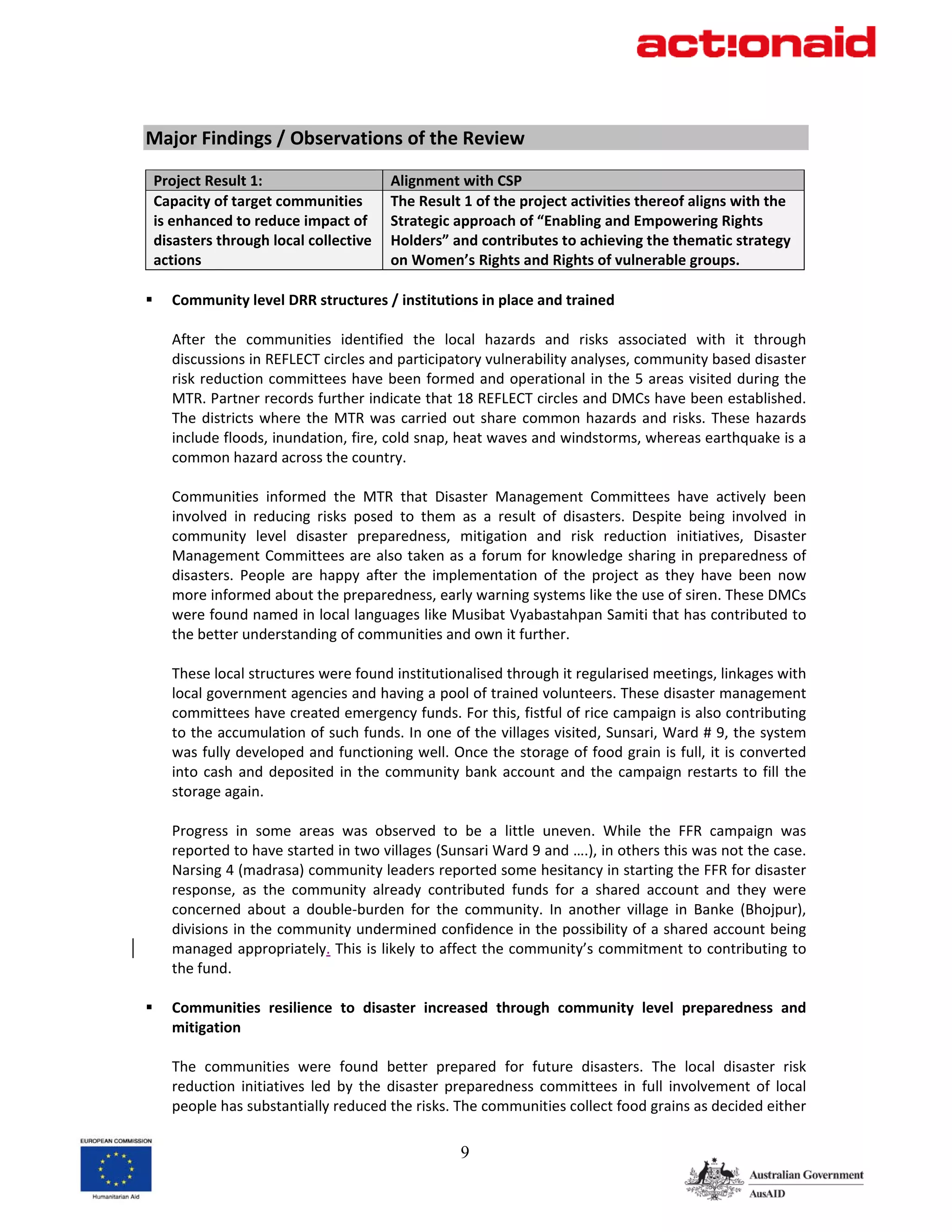  
Major Findings / Observations of the Review 
 
    Project Result 1:                      Alignment with CSP 
    Capacity of target communities         The Result 1 of the project activities thereof aligns with the 
    is enhanced to reduce impact of        Strategic approach of “Enabling and Empowering Rights 
    disasters through local collective     Holders” and contributes to achieving the thematic strategy 
    actions                                on Women’s Rights and Rights of vulnerable groups. 
 
      Community level DRR structures / institutions in place and trained 
 
      After  the  communities  identified  the  local  hazards  and  risks  associated  with  it  through 
      discussions in REFLECT circles and participatory vulnerability analyses, community based disaster 
      risk reduction committees have been  formed and  operational in the 5 areas visited during the 
      MTR. Partner records further indicate that 18 REFLECT circles and DMCs have been established. 
      The  districts  where  the  MTR  was  carried  out  share  common  hazards  and  risks.  These  hazards 
      include floods, inundation, fire, cold snap, heat waves and windstorms, whereas earthquake is a 
      common hazard across the country.   
       
      Communities  informed  the  MTR  that  Disaster  Management  Committees  have  actively  been 
      involved  in  reducing  risks  posed  to  them  as  a  result  of  disasters.  Despite  being  involved  in 
      community  level  disaster  preparedness,  mitigation  and  risk  reduction  initiatives,  Disaster 
      Management Committees are also taken as a  forum for knowledge sharing in preparedness of 
      disasters.  People  are  happy  after  the  implementation  of  the  project  as  they  have  been  now 
      more informed about the preparedness, early warning systems like the use of siren. These DMCs 
      were found named in local languages like Musibat Vyabastahpan Samiti that has contributed to 
      the better understanding of communities and own it further.  
 
      These local structures were found institutionalised through it regularised meetings, linkages with 
      local government agencies and having a pool of trained volunteers. These disaster management 
      committees have created emergency funds. For this, fistful of rice campaign is also contributing 
      to the accumulation of such funds. In one of the villages visited, Sunsari, Ward # 9, the system 
      was fully developed and functioning well. Once the storage of food grain is full, it is converted 
      into  cash  and  deposited  in  the  community  bank  account  and  the  campaign  restarts  to  fill  the 
      storage again.  
       
      Progress  in  some  areas  was  observed  to  be  a  little  uneven.  While  the  FFR  campaign  was 
      reported to have started in two villages (Sunsari Ward 9 and ….), in others this was not the case. 
      Narsing 4 (madrasa) community leaders reported some hesitancy in starting the FFR for disaster 
      response,  as  the  community  already  contributed  funds  for  a  shared  account  and  they  were 
      concerned  about  a  double‐burden  for  the  community.  In  another  village  in  Banke  (Bhojpur), 
      divisions in the community undermined confidence in the possibility of a shared account being 
      managed appropriately. This is likely to affect the community’s commitment to contributing to 
      the fund. 
       
      Communities  resilience  to  disaster  increased  through  community  level  preparedness  and 
      mitigation 
 
      The  communities  were  found  better  prepared  for  future  disasters.  The  local  disaster  risk 
      reduction  initiatives  led  by  the  disaster  preparedness  committees  in  full  involvement  of  local 
      people has substantially reduced the risks. The communities collect food grains as decided either 

                                                      9
 