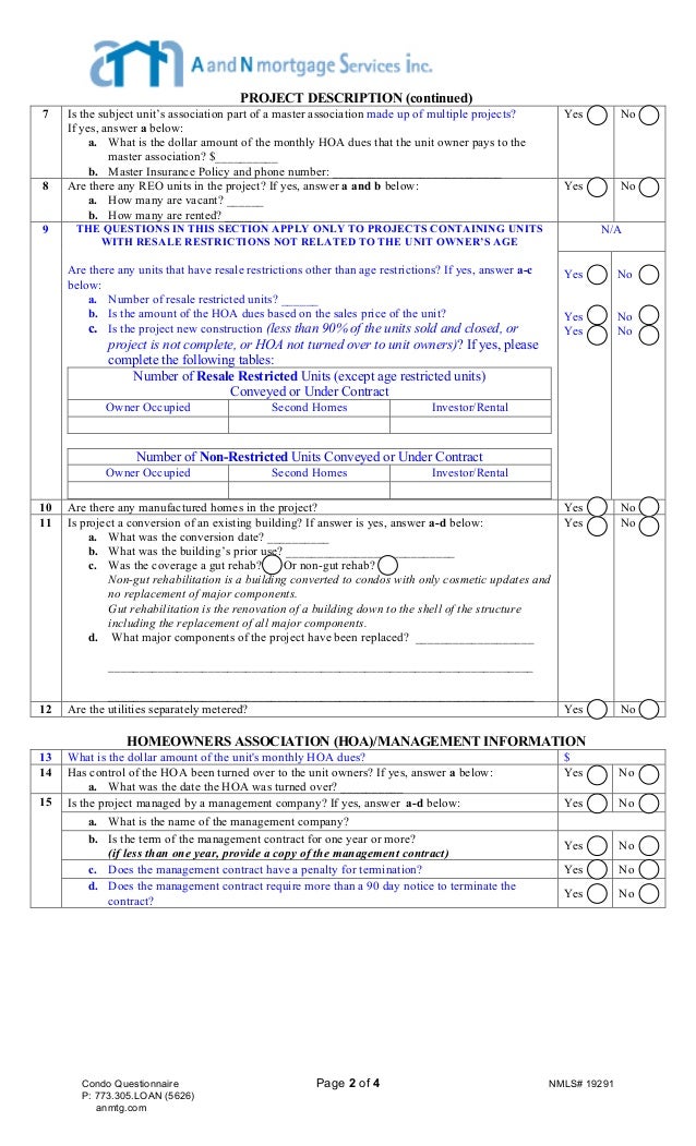A and N Full Condo Questionnaire