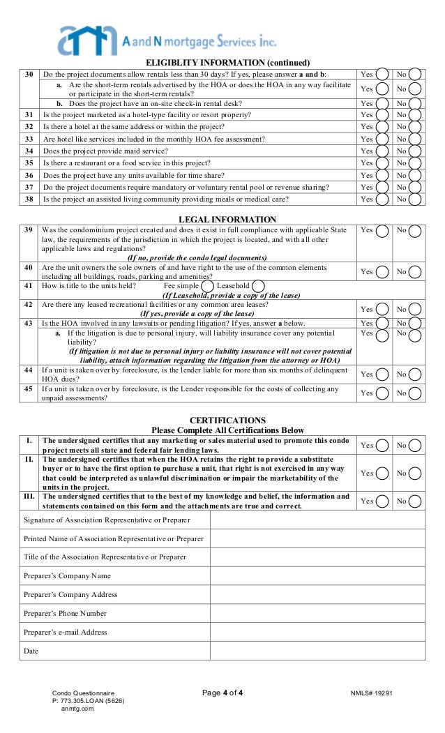 A and N Full Condo Questionnaire
