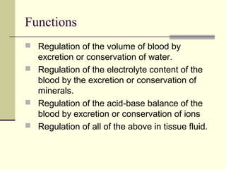 Functions
 Regulation of the volume of blood by
excretion or conservation of water.
 Regulation of the electrolyte content of the
blood by the excretion or conservation of
minerals.
 Regulation of the acid-base balance of the
blood by excretion or conservation of ions
 Regulation of all of the above in tissue fluid.
 