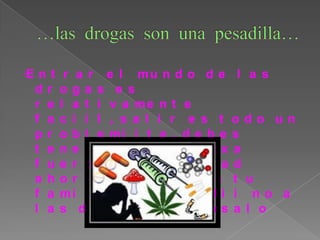…las drogas son una pesadilla….Entrar el mundo de las drogas es relativamente faciil, salir es todo un problemiita, debes tener fuerza muxxa fuerza de voluntad ahorrate el ver a tu familia sufrir dii no a las drogas piiensalo