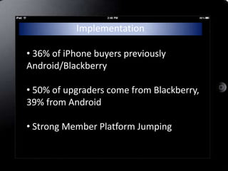 Implementation

• 36% of iPhone buyers previously
Android/Blackberry

• 50% of upgraders come from Blackberry,
39% from Android

• Strong Member Platform Jumping
 