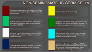 Nonseminomatous germ cell, slightly more than
one half of the malignant germ cell tumors in the
mediastinum
Occur in males 20-40 years of age
Yolk sac tumors, choriocarcinoma, embriyonal
GCTs, and combination of any of the histologic
types (mixed GCTs)
Symptoms: chest pain, cough, superior vena cava
syndrome, and shortness of breath secondary to
a rapidly growing anterior mediastinal mass.
CT scans: a large heterogeneous mass, irregular
margins, with occasional evidence of necrosis
and hemorrhage.
Local invasion: either lung, left brachiocephalic
vein, superior vena cava, pericardium, cardiac
chamber/proximal great artery
Tumor marker: elevations in serum AFP above
normal levels or significant β-hCG elevations
Cytologic confirmation with CT-guided FNA is
optimal in these cases and necessary in patients
with only marginally elevated serum tumor
markers before initiating chemotherapy
 