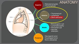 Superior
• Retrosternal goiter
• Thymoma/Cyst
Anterior
• Thymoma/cyst
• Lymphoma
• Germ cell tumor
Middle
• Bronchogenic cyst
• Lymphadenopathy
• Pericardial cyst
• Saccular
aneurysm
Posterior
• Neurogenik tumor
• Esophageal tumor
• Bone osteophyte
 