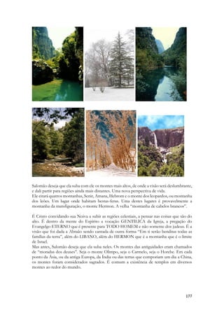 A capacidade de observação do rapaz é extraordinária, o detalhismo com que ele interpreta até os gestos e movimentos do corpo da sua amada, por mais sutis que sejam, são fontes inesgotáveis para sua poesia. 
Cristo contempla sua Igreja e a vê perfeitamente, detalhadamente, ele ama seus movimentos quando ela corre em sua Direção. Há um prazer divino, um regozijo, uma alegria espiritual profunda em Deus que é manifesto pelo Espírito quando a Igreja caminha, salta, dança, respira. A vida de seus filhos é preciosa diante de seus olhos. O deslumbramento de Salomão tem um reflexo celestial quando Jesus inundado do Espírito Santo EXULTA e exclama espontaneamente: 
21 Naquela mesma hora se alegrou Jesus no Espírito Santo, e disse: Graças te dou, ó Pai, Senhor do céu e da terra, que escondeste estas coisas aos sábios e inteligentes, e as revelaste às criancinhas; assim é, ó Pai, porque assim te aprouve. 
O ESPÍRITO de Deus sente alegria, opera alegria, manifesta alegria, compartilha-a. A Expressão “No Espírito” significa, entre outras coisas, na esfera de, debaixo da influência de, mergulhado em, envolto em, cercado de, dentro de. 
Bêbado. Embriagado do Espírito, Jesus exalta. Porque ouviu algo extraordinário, porque diante de seus olhos contemplou gente que compreendeu os seus mistérios. 
O Espírito de Deus anseia pelo mover de sua Noiva. Pela sua corrida, pelo exercício da fé PLENA, pelo compartilhar com sua Igreja, da sua vida. E sobretudo, de detalhadamente observá-la PERFEITA, sem desfeitos, sem falhas diante de seus olhos. 
1. 4:6עד שׁיפוח היום ונסו הצללים אלך לי אל־הר המור ואל־גבעת הלבונה׃ 
2. Ad sheyafuakh hayom venasu hatzelalim elekh li el-har hamor veel-givat halevona: 
3. Until the day break, and the shadows flee away, I will get me to the mountain of myrrh, and to the hill of Levonah (frankincense). 
No meio da contemplação da moça dançando e correndo, um verso que sublima o mistério. Fora do contexto, fora da ordem, quebrando a continuidade e a visão da Amada. Salomão Fala de um compromisso inadiável que enche seu coração e o distancia momentaneamente da contemplação de sua Amada. Um pensamento soturno, uma nota triste, profunda. Grave. Para que aquele amor tivesse continuidade, algo sinistro, noturno, encoberto em mistério teria que acontecer. As duas expressões nos levam a locais de culto, dois lugares em específico preenchem as lacunas deste texto. O templo ficava erigido sobre o monte Moriá, lá era onde os sacerdotes balançavam seus incensários e o monte inteiro cheirava a aloés, a nardo, a especiarias diversas, que compunham um perfume que só podia ser produzido por perfumistas sacerdotes e só podia ser usado no  