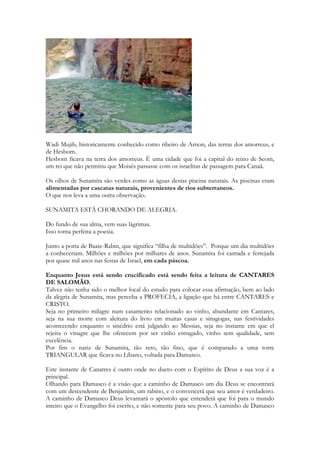 Na Austrália, Canadá, Israel, África do Sul e Estados Unidos, v iolência por parceiro íntimo 
é responsável por entre 40 e 70 por cento das vítimas de assassinato do sexo feminino. 
Mais de 64 milhões de meninas no mundo inteiro estão noivas ainda crianças. 46 por cento 
das mulheres com idades entre 20-24 no Sul da Ásia e 41 por cento na África Ocidental e 
Central relataram que elas se casaram antes da idade de 18 anos. 
Casamento infantil, resultando em gravides precoce e indesejada, apresenta riscos que 
ameaçam a vida de meninas adolescentes; Em todo o mundo, as compl icações relacionadas 
com a gravidez são a principal causa de morte de 15 a 19 anos de idade, as meninas. 
Aproximadamente 140 milhões de meninas e mulheres no mundo sofreram mutilação 
genital feminina / excisão. 
O tráfico enreda milhões de mulheres e meninas em escravidão moderna. Mulheres e 
meninas representam 55 por cento dos cerca de 20,9 milhões de vítimas de trabalho 
forçado no mundo. Destas 4,5 milhões de mulheres foram forçadas à exploração sexual. 
O estupro tem sido uma tática crescente em guerras modernas. Estimativas conservadoras 
sugerem que 20.000 a 50.000 mulheres foram estupradas durante a guerra de 1992 -1995 na 
Bósnia e Herzegovina, enquanto que cerca de 250.000 a 500.000 mulheres e meninas foram 
alvo do genocídio de 1994 em Ruanda. 40 e 50 por cento das mulheres em países da União 
Europeia experimentam assédios sexuais não desejados, contato físico ou outras formas de 
assédio sexual no trabalho. Nos Estados Unidos, 83 por cento das adolescentes com idades 
compreendidas entre 12 e 16 sofreram algum tipo de assédio sexual nas escolas públicas. 
Nos Estados Unidos, 11,8 por cento das novas infecções pelo HIV entre as mulheres de 
mais de 20 anos de idade durante o ano anterior foram atribuídas à violência por parceiro 
íntimo. 
Espinhos evocam dor. Muita dor. A dor da cruz, a dor da mentira, a dor da maldade. 
Espinhos fala-nos de ministros corruptos, de profetas falsos, de políticos mentirosos, do 
roubo, da vilania, da violência, material, física, moral ou espiritual. Jesus ao ser condenado a 
morte provou a violência jurídica, a perda injusta de direitos, a violência do estado, perda 
da liberdade a que tinha direito, a perda da cidadania, morrendo como um estrangeiro, a 
perda da honra, tratado como um assassino, a violência física religiosa, bateram nele dentro 
do templo, a violência física das autoridades, os soldados não tinham ordem de tripudiar 
dos prisioneiros, o fazem por prazer, a violência física do estado, a pena de morte. 
‘Espinhos’ falam-nos de mestres contaminados por doutrinas malignas, fala de filosofias 
cuja origem é o inferno e cujo fim é a perdição. A mentira religiosa, a profética, a 
doutrinária, todas ferem como espinhos. A falta de amor, a animosidade, o sectarismo, a 
falta de compaixão, de solidariedade, de sinceridade. Pais que maltratam seus filhos, 
maridos maltratando esposas, ministros pastores suas ovelhas. Líderes aproveitando de sua 
posição para roubar o que não lhe pertence, induzir pessoas a realizarem a sua vontade 
pessoal. O que gera dor, decepção, e angustia. O ministério destruído pela fofoca, pela 
mentira, pelo ato ardiloso. A menina enganada pela amiga, o negócio sem ética, a confiança 
não correspondida de quem se esperava responsabilidade e cujos atos trouxeram perda, 
perda violenta. Espinhos. 
A Sunamita é um lírio entre os espinhos. É bom tocar nela, não nos fere, não nos machuca, 
não nos causa dor. 
Ela é o amor entre as filhas. Ela é conhecida não porque domina, não porque coage, não 
porque abusa de sua autoridade. Antes porque ama. 
Um ministério segundo o Espírito não será conhecido no futuro pela grandeza de suas 
curas. Pela beleza ou profundidade de suas revelações. Pela gloriosidade das visitações 
angelicasi. Pela notoriedade das curas operadas. Mas será reconhecida pelo amor não 
fingido, pelo carinho de uma igreja que age amorosamente. Por isso se distingue entre as 
276 
 
