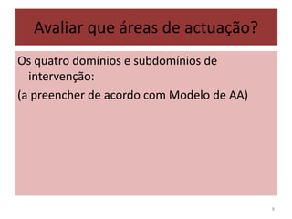 Avaliar que áreas de actuação?Os quatro domínios e subdomínios de intervenção:(a preencher de acordo com Modelo de AA)8