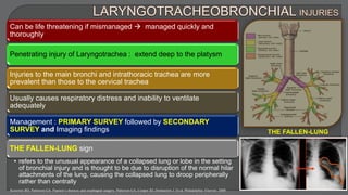 Can be life threatening if mismanaged  managed quickly and
thoroughly
Penetrating injury of Laryngotrachea : extend deep to the platysm
Injuries to the main bronchi and intrathoracic trachea are more
prevalent than those to the cervical trachea
Usually causes respiratory distress and inability to ventilate
adequately
Management : PRIMARY SURVEY followed by SECONDARY
SURVEY and Imaging findings
THE FALLEN-LUNG sign
• refers to the unusual appearance of a collapsed lung or lobe in the setting
of bronchial injury and is thought to be due to disruption of the normal hilar
attachments of the lung, causing the collapsed lung to droop peripherally
rather than centrally
THE FALLEN-LUNG
Kozower BD, Patterson GA. Pearson’s thoracic and esophageal surgery. Patterson GA, Cooper JD, Deslauriers J. Et al. Philadelphia: Elsevier; 2008
 