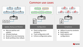 Common use cases
● Role out patches and
updates
● Schedule backups
● Restore from any timestamp
● Build workflows that rollback
Update, Backup and Restore
● Check configuration
standards
● Track configuration drift
● Enforce configuration policy
Configuration
● Adhere to security standards
● Build reports
● Audit systems and
configurations
Compliance
✓
✓ ✓ ✓
 