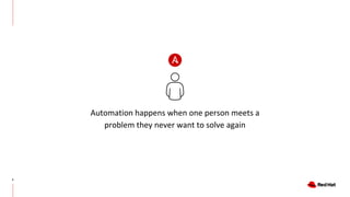 8
Automation happens when one person meets a
problem they never want to solve again
 