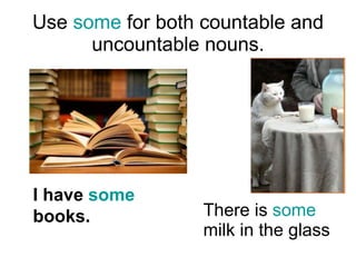 U se  some  for both countable and uncountable nouns. There is  some  milk in the glass I have  some  books .   