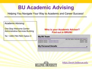 Academic Advising:
One Stop Welcome Center-
Administrative Services Building
Tel: 1-800-756-7920 Option 0
BU Academic Advising
Helping You Navigate Your Way to Academic and Career Success!
Who is your Academic Advisor?
Find out in BRUIN!
https://bruin.bellevue.edu
 