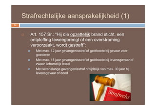 Strafrechtelijke aansprakelijkheid (1)
14



            Art. 157 Sr.: “Hij die opzettelijk brand sticht, een
             ontploffing teweegbrengt of een overstroming
             veroorzaakt, wordt gestraft”:
               Met max. 12 jaar gevangenisstraf of geldboete bij gevaar voor
                goederen
               Met max. 15 jaar gevangenisstraf of geldboete bij levensgevaar of
                zwaar lichamelijk letsel
               Met levenslange gevangenisstraf of tijdelijk van max. 30 jaar bij
                levensgevaar of dood
 