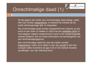 Onrechtmatige daad (1)
17



     1.   Hij die jegens een ander een onrechtmatige daad pleegt, welke
          hem kan worden toegerekend, is verplicht de schade die de
          ander dientengevolge lijdt, te vergoeden.
     2.   Als onrechtmatige daad worden aangemerkt een inbreuk op een
          recht en een doen of nalaten in strijd met een wettelijke plicht of
          met hetgeen volgens ongeschreven recht in het maatschappelijk
          verkeer betaamt, een en ander behoudens de aanwezigheid van
          een rechtvaardigingsgrond.
     3.   Een onrechtmatige daad kan aan een dader worden
          toegerekend, indien zij te wijten is aan zijn schuld of aan een
          oorzaak welke krachtens de wet of de in het verkeer levende
          opvattingen voor zijn rekening komt.
 