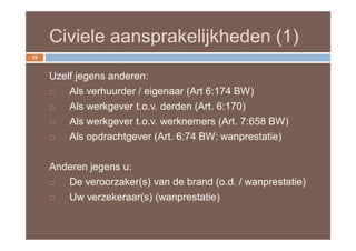 Civiele aansprakelijkheden (1)
19


     Uzelf jegens anderen:
        Als verhuurder / eigenaar (Art 6:174 BW)
        Als werkgever t.o.v. derden (Art. 6:170)
        Als werkgever t.o.v. werknemers (Art. 7:658 BW)
        Als opdrachtgever (Art. 6:74 BW: wanprestatie)

     Anderen jegens u:
       De veroorzaker(s) van de brand (o.d. / wanprestatie)
       Uw verzekeraar(s) (wanprestatie)
 