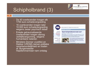 Schipholbrand (3)
9


       De 40 overlevenden kregen elk
        1750 euro schadevergoeding
       16 overlevenden kregen later
        10.000 euro schadevergoeding
        wegens zwaar psychisch letsel
       Enkele getraumatiseerde
        overlevenden kregen alsnog
        verblijfsvergunning, wegens
        humanitaire redenen
       Ministers Donner (Justitie) en
        Dekker (VROM) namen politieke
        verantwoordelijkheid en traden
        af. Burgemeester
        Haarlemmermeer nam ontslag
 