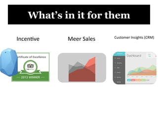What’s in it for them
Incen.ve	
   Meer	
  Sales	
   Customer	
  Insights	
  (CRM)	
  
 