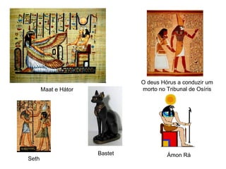Maat e Hátor O deus Hórus a conduzir um morto no Tribunal de Osíris Bastet Seth Ámon Rá 