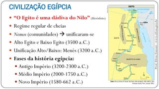 CIVILIZAÇÃO EGÍPCIA
 “O Egito é uma dádiva do Nilo” (Heródoto)
 Regime regular de cheias
 Nomos (comunidades)  unificaram-se
 Alto Egito e Baixo Egito (3500 a.C.)
 UnificaçãoAlto/Baixo: Menés (3200 a.C.)
 Fases da história egípcia:
 Antigo Império (3200-2300 a.C.)
 Médio Império (2000-1750 a.C.)
 Novo Império (1580-662 a.C.)
Prof.EltonZanoni-www.elton.pro.br
 