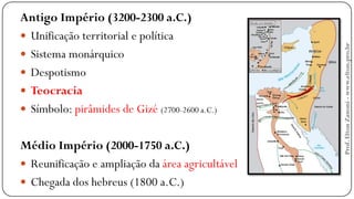Antigo Império (3200-2300 a.C.)
 Unificação territorial e política
 Sistema monárquico
 Despotismo
 Teocracia
 Símbolo: pirâmides de Gizé (2700-2600 a.C.)
Médio Império (2000-1750 a.C.)
 Reunificação e ampliação da área agricultável
 Chegada dos hebreus (1800 a.C.)
Prof.EltonZanoni-www.elton.pro.br
 