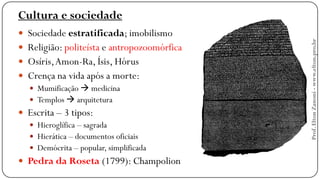 Cultura e sociedade
 Sociedade estratificada; imobilismo
 Religião: politeísta e antropozoomórfica
 Osíris,Amon-Ra, Ísis, Hórus
 Crença na vida após a morte:
 Mumificação  medicina
 Templos  arquitetura
 Escrita – 3 tipos:
 Hieroglífica – sagrada
 Hierática – documentos oficiais
 Demócrita – popular, simplificada
 Pedra da Roseta (1799): Champolion
Prof.EltonZanoni-www.elton.pro.br
 