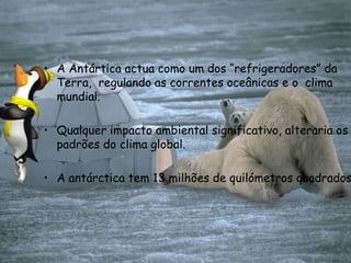 A Antártica actua como um dos “refrigeradores” da  Terra,  regulando as correntes oceânicas e o  clima mundial.Qualquer impacto ambiental significativo, alteraria os padrões do clima global.A antárctica tem 13 milhões de quilómetros quadrados