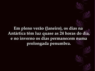 Em pleno verão (Janeiro), os dias na  Antártica têm luz quase as 24 horas do dia, e no inverno os dias permanecem numa prolongada penumbra. 