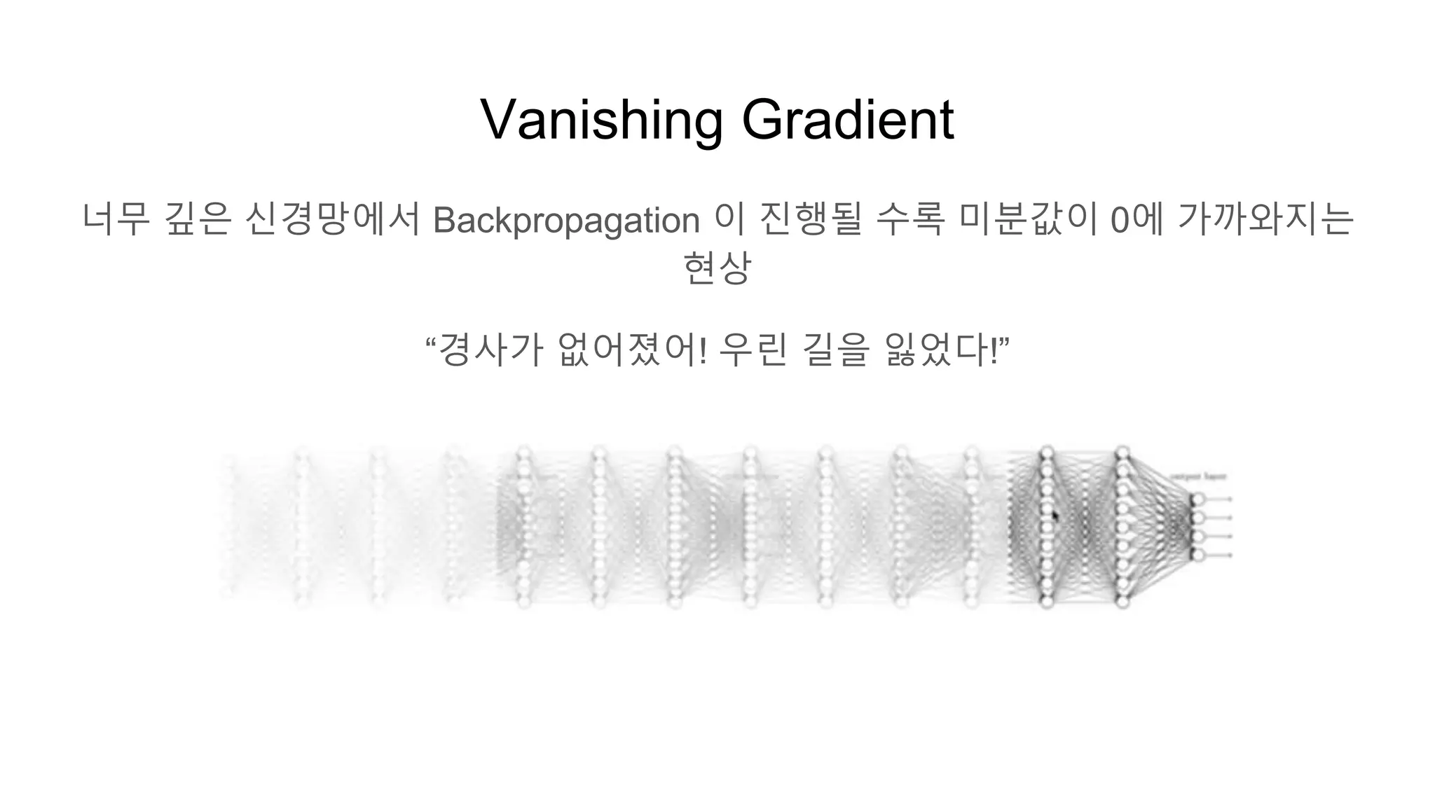 Vanishing Gradient
너무 깊은 신경망에서 Backpropagation 이 진행될 수록 미분값이 0에 가까와지는
현상
“경사가 없어졌어! 우린 길을 잃었다!”
두세개 정도밖에는 네트워크 층을 쌓아올릴 수 없음
 