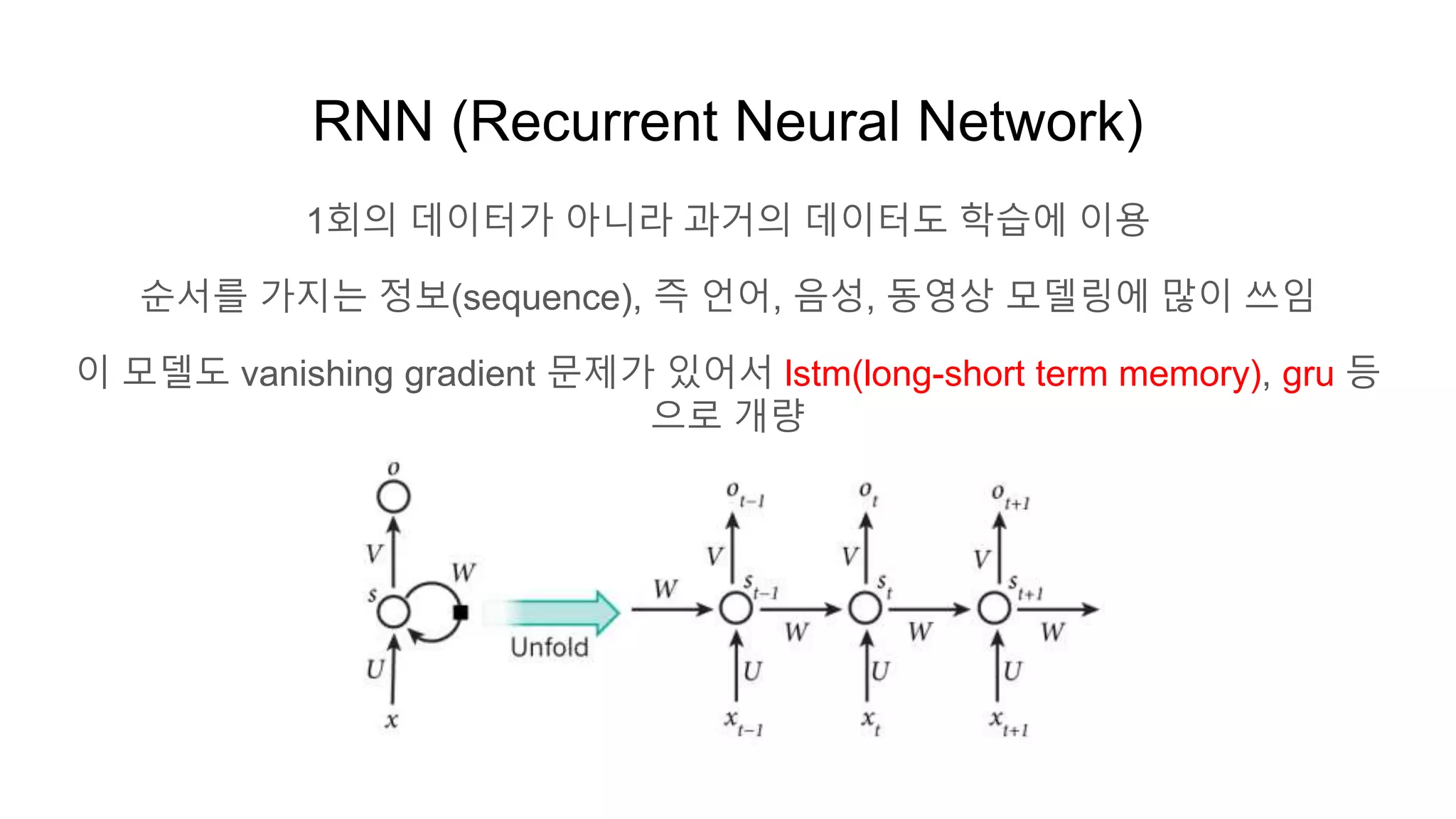 RNN (Recurrent Neural Network)
1회의 데이터가 아니라 과거의 데이터도 학습에 이용
순서를 가지는 정보(sequence), 즉 언어, 음성, 동영상 모델링에 많이 쓰임
이 모델도 vanishing gradient 문제가 있어서 lstm(long-short term memory), gru 등
으로 개량
 