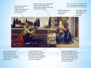 O anjo Gabriel acaba de
chegar e anuncia:
“Conceberás e darás à luz
um filho e lhe porás o
nome de Jesus”

Um muro baixo cerca o
jardim, mas abre-se a
meio, deixando ver um
caminho para a floresta, ao
longe, por entre o rosto e a
mão do anjo

Maria encontra-se num palácio de
arquitetura florentina, num
terraço sobre o jardim, numa zona
mista interior-exterior

A mesa de mármore que
recebe a estante de leitura é
uma citação do Túmulo de
Piero e Giovanni de Médicis de
Verrochio, na Igreja de San
Lorenzo, em Florença

3. Análise temática
Maria é surpreendida
nos seus afazeres
quotidianos

Maria ergue a mão
esquerda em sinal
de respeito e
aceitação

Segundo o Evangelho de S.
João, Maria estaria a costurar
um pano (a “tecer o véu do
Templo”), mas também pode
surgir a folhear a Bíblia, numa
premonição do destino, na
versão de Leonardo

 